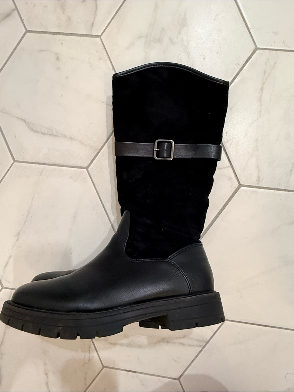 Girls Black Mid-Calf Buckle Leather & Suede Boots